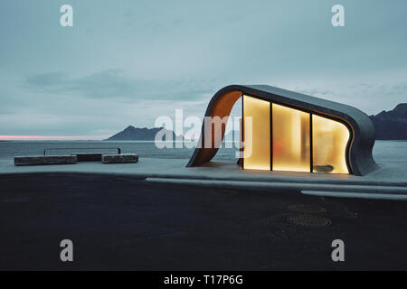 The wave shaped concrete and glass architecture of Ureddplassen rest area on the Helgelandskysten Norwegian Scenic Route Nordland Norway Stock Photo