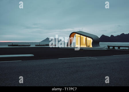 The wave shaped concrete and glass architecture of Ureddplassen rest area on the Helgelandskysten Norwegian Scenic Route Nordland Norway Stock Photo