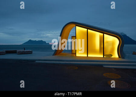 The wave shaped concrete and glass architecture of Ureddplassen rest area on the Helgelandskysten Norwegian Scenic Route Nordland Norway Stock Photo