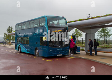 A double decker Portsmouth Park & Ride bus waiting for passengers on the outskirts of Portsmouth (Tipner Lane), Hampshire, UK. Stock Photo