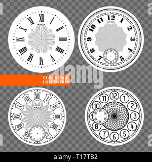 Clock face blank set isolated on transparent background. Vector watch design. Vintage roman numeral clock illustration. Black number round scale Stock Vector