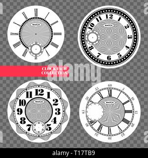 Clock face blank set isolated on transparent background. Vector watch design. Vintage roman numeral clock illustration. Black number round scale Stock Vector