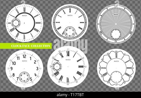 Clock face blank set isolated on transparent background. Vector watch design. Vintage roman numeral clock illustration. Black number round scale Stock Vector