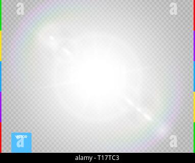 Vector sun. Glow transparent sunlight special lens flare light effect. Isolated flash rays and spotlight. White front translucent background. Blur Stock Vector