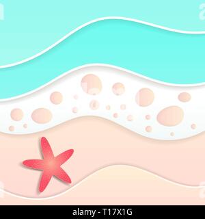 Top View Beach Background With Starfish And Sea. Aerial View Of Summer Beach In Paper Craft Style.paper Cut And Craft Style. Vector. Stock Vector