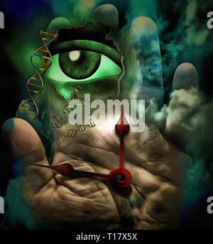 Surrealism. Hour hands, DNA chain and eye. Stock Photo