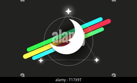 Moon Logo In The Style Of The Line Art On A Dark Background. Abstract Pattern. Vector Illustration Of Hand Drawn. Simple Vector Black Symbol. Moon Log Stock Vector