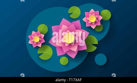 Top View Of Lotus In Cartoon Style Dark Background. Cartoon Vector Illustration. Abstract Pattern. Decorative Element. Design Element. Stock Vector