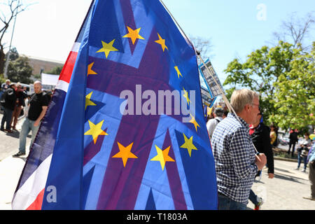 Madrid, Spain. 23rd Mar, 2019. A participant seen with flags of England and Europe during the demonstration.The British community in Spain demonstrated in favor of another referendum on Brexit at Plaza de ColÃ³n ''in defense of the rights of the five million Europeans in the United Kingdom and British in the European Union and to request a second referendum on the exit of Great Britain from the EU Credit: Jesus Hellin/SOPA Images/ZUMA Wire/Alamy Live News Stock Photo