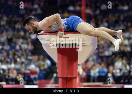 London, UK. 23rd Mar, 2019. James Hall performs on Vault during the Matchroom Multisport presents the 2019 Superstars of Gymnastics at The O2 Arena on Saturday, 23 March 2019. LONDON ENGLAND. Credit: Taka Wu/Alamy Live News Stock Photo