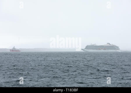 Bud, Norway. 24th March 2019. Cruise ship 'Viking Sky' arrives at safe waters 24 hours after loosing all engine power and drifting in a storm for several hours off the Norwegian coast. Tore Sætre / Alamy Stock Photo