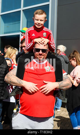 Cardiff, UK. 24th Mar, 2019. UEFA European Championships Qualification football, Wales versus Slovakia; Wales fans wait for the team to arrive Credit: Action Plus Sports/Alamy Live News Stock Photo