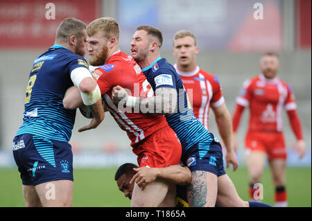 Salford, UK. 24th March 2019.  AJ Bell Stadium, Salford, England; Rugby League Betfred Super League, Salford Red Devils vs Wigan Warriors;Salford Red Devils Daniel Murray leads an attack. Credit: Dean Williams/Alamy Live News Stock Photo
