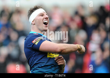 Salford, UK. 24th March 2019.  AJ Bell Stadium, Salford, England; Rugby League Betfred Super League, Salford Red Devils vs Wigan Warriors; Wigan Warriors George Williams celebrates late try. Credit: Dean Williams/Alamy Live News Stock Photo