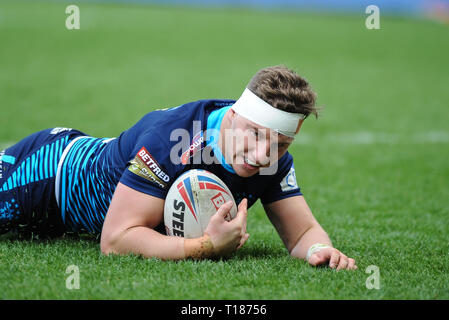 Salford, UK. 24th March 2019.  AJ Bell Stadium, Salford, England; Rugby League Betfred Super League, Salford Red Devils vs Wigan Warriors; Wigan Warriors George Williams completes a hat-trick of tries. Credit: Dean Williams/Alamy Live News Stock Photo