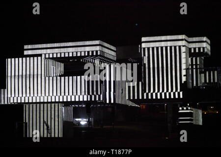 Peterlee, County Durham, UK. 23rd Mar 2019. Apollo 50: Victor Pasmore Apollo Pavilion is 50 years old, named after Apollo 11 Moon Landing 50 years ago. Mader Wiermann's light installation  projections evoke the Apollo 11 Moon landing space flight. Peterlee, County Durham. UK. Credit: David Whinham/Alamy Live News Stock Photo