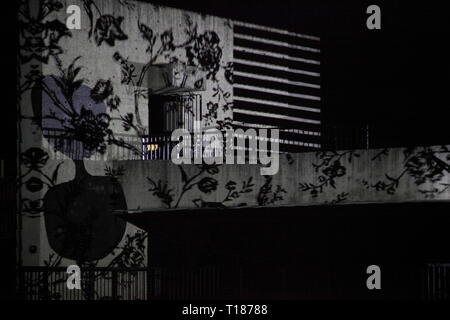 Peterlee, County Durham, UK. 23rd Mar 2019. Apollo 50: Victor Pasmore Apollo Pavilion is 50 years old, named after Apollo 11 Moon Landing 50 years ago. Mader Wiermann's light installation  projections evoke the Apollo 11 Moon landing space flight. Peterlee, County Durham. UK. Credit: David Whinham/Alamy Live News Stock Photo