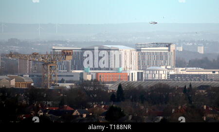 Glasgow, Scotland, UK. 24th March, 2019. Emergency Helicopter lands at 6.30pm at the Queen Elizabeth Hospital helipad. the suspected cause of all the pigeon fungal deaths at the building Credit: Gerard Ferry/Alamy Live News Stock Photo