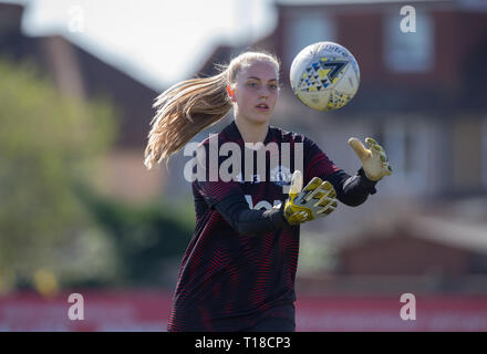 Dartford, Kent, UK. 24th March, 2019. Goalkeeper Emily Ramsey of Man Utd Women pre match during the FAWSL 2 match between Charlton Athletic Women and Manchester United Women at Oakwood, Old Rd, Crayford, Dartford, Kent, DA1 4DN on 24 March 2019. Photo by Andy Rowland. Credit: Andrew Rowland/Alamy Live News Stock Photo