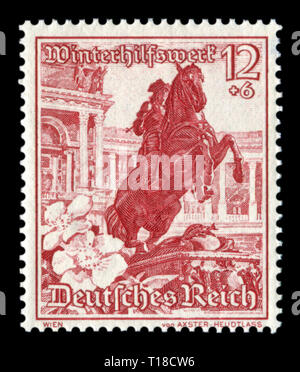 German historical stamp: Monument to Prince Eugene and wild rose flowers. This equestrian statue stands on Helden square, Vienna, 'East Germany', 1938 Stock Photo