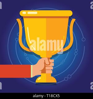 Hand Holding Blank Golden Championship Winners Cup Trophy with Reflection Design business concept Empty copy space modern abstract background Stock Vector