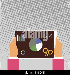 Hands Holding Tablet with Search Engine Optimization Driver Icons on Screen Design business concept Empty copy text for Web banners promotional materi Stock Vector
