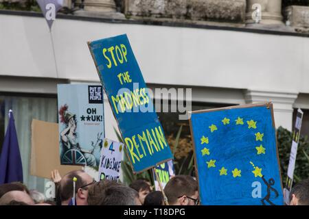 Pro Remain and other placards at the anti-Brexit Revoke Article 50 London march Stock Photo