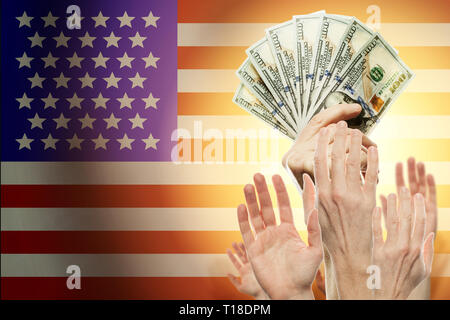 People raising hands dollars and American flag on background. Patriotic concept Stock Photo