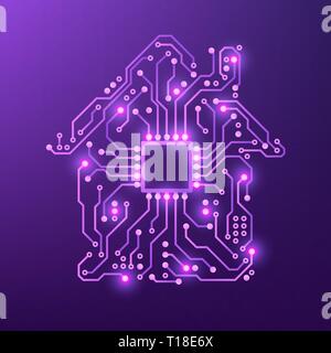 Smart house concept. Violet Circuit Home. Vector illustration isolated on purple background Stock Vector