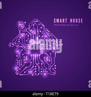 Smart house concept. Circuit home and CPU. Vector illustration isolated on purple background Stock Vector