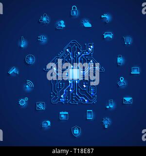 Smart house or IOT concept. Smart home icons set. Remote monitoring and control smart house. House circuit and smart home function icons. Vector illus Stock Vector