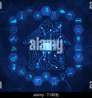 Smart home concept. Future technology innovation. House circuit and smart house function icons. Vector illustration on blue background Stock Vector