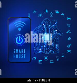 Smart home concept. Remote monitoring and control smart house from smartphone. House circuit and smart home function icons. Vector illustration on blu Stock Vector
