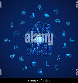 Smart house or IOT concept. Remote control smart house. House circuit and smart home appliance icons. Vector illustration on blue background Stock Vector