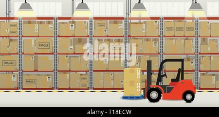 Forklift truck in distribution warehouse flat design vector illustration Stock Vector