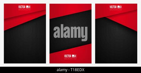 Abstract geometric stripes on carbon fiber background, red color on dark texture Stock Vector