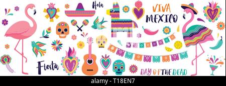 Mexican symbols, icons and illustrations. Vector collection of colorful design for Cinco de Mayo, Fiesta and Day of the dead Stock Vector
