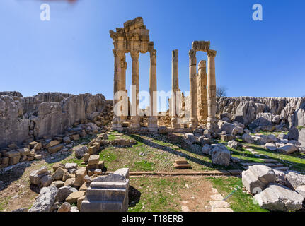 A Roman temple dedicated to Zeus Baal and a byzantine basilica sit at the beginning of the Nahr al Kalb valley on the Mount Lebanon. Stock Photo