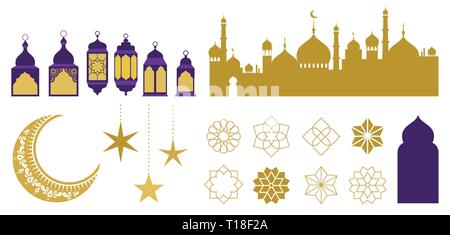 Islamic ornaments, symbols and icons. Vector illustration with moon, lanterns, patterns and city silhouette Stock Vector
