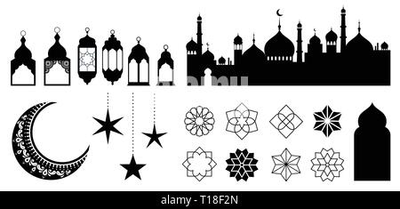 Islamic ornaments, symbols and icons. Vector illustration with moon, lanterns, patterns and city silhouette Stock Vector