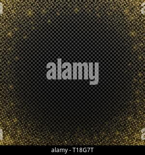 Golden halftone effect isolated on a dark transparent background. Abstract background for disco party. Golden glitter. Template for greeting card. Vec Stock Vector