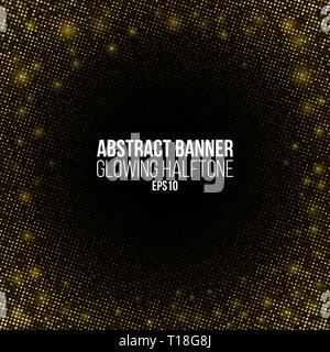 Golden halftone effect on a dark background. Abstract background for disco party. Golden glitter. Gold lights. Template for greeting card. Vector illu Stock Vector