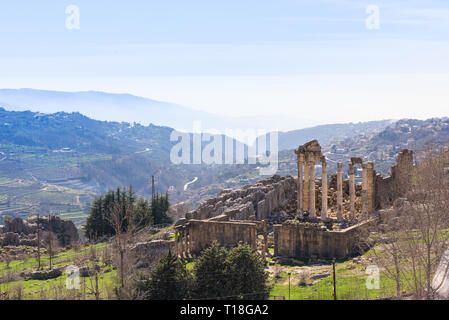 A Roman temple dedicated to Zeus Baal and a byzantine basilica sit at the beginning of the Nahr al Kalb valley on the Mount Lebanon. Stock Photo