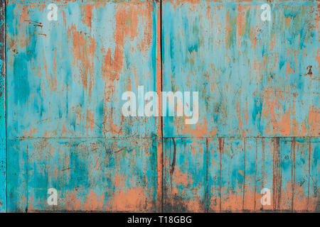 Old Grunge Rusty Metal Metallic Colored Background. Colorful Blue And Orange Abstract Metallic Surface Stock Photo