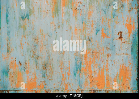 Old Grunge Rusty Metal Metallic Colored Background. Colorful Blue And Orange Abstract Metallic Surface Stock Photo