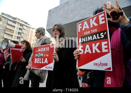 A flash mob gathers outside the entrance of the Max Mara fashion show in a show of protest against the use of fur by the brand  Where: Milan, Italy When: 21 Feb 2019 Credit: IPA/WENN.com  **Only available for publication in UK, USA, Germany, Austria, Switzerland** Stock Photo