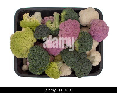 Colourful vegetables, isolated on white. Raw purple, white and green cauliflower with broccoli florets. Healthy assortment. Stock Photo