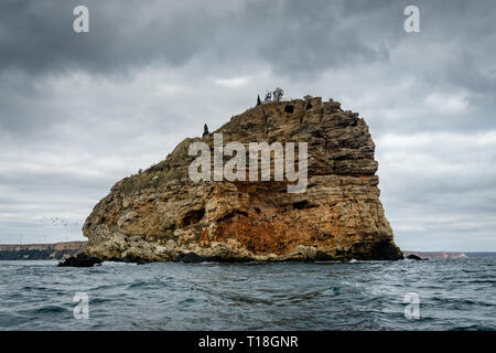 A wide-angle shot of Cape Kaliakra, Bulgaria, as seen from the sea. Cape Kaliakra  is a long and narrow headland in the northern Black Sea Coast. Stock Photo