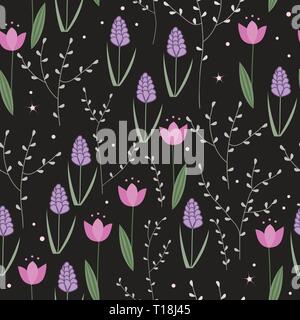 Seamless floral pattern with doodle hyacinths, tulips and brances on dark background. Vector. Stock Vector
