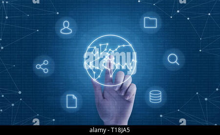 Hand touch globe concept with network threads surrounded with user, share, file, folder, search and data icons. Binary vode and network threads in bac Stock Photo